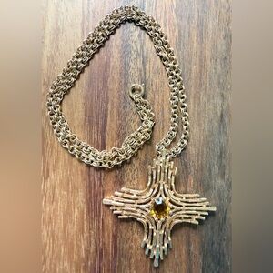 VTG Sarah Coventry Rhinestone Maltese Cross Pendant 24" 1960s Gold Tone Necklace